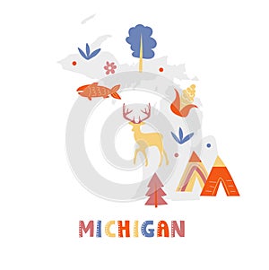 USA map collection. State symbols on gray state silhouette - Michigan