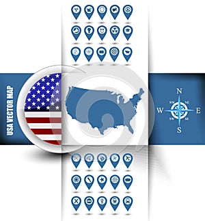 USA map contour with GPS icons