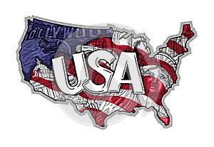 USA map in hand drawn doodle style with main national values.