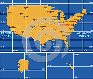 USA map infographic diagram with all surrounding oceans main cities