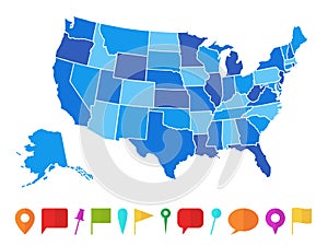 Usa map. Infographic us map with multi-colored states and pins, topographic info outline road, travel poster vector photo