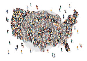 USA map made of many people, large crowd shape. Group of people stay in us country map formation. Immigration, election