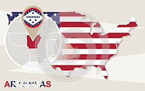 USA map with magnified Arkansas State. Arkansas flag and map