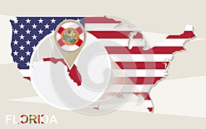 USA map with magnified Florida State. Florida flag and map