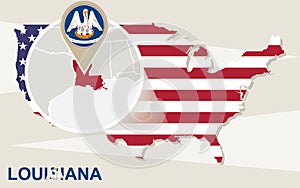 USA map with magnified Louisiana State. Louisiana flag and map