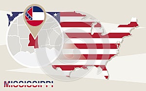 USA map with magnified Mississippi State. Mississippi flag and m