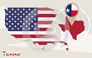 USA map with magnified Texas State. Texas flag and map