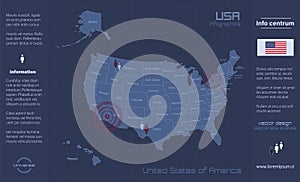 USA map, separates states with names, infographics blue flat design