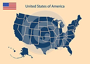 Usa map. Silhouette of united states of america. Simple continent of us. Flat american map with california, hawaii, texas,