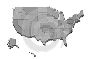 USA map. Simplified isometric view. Different colors for each state. Blank gray USA map contour isolated on white background