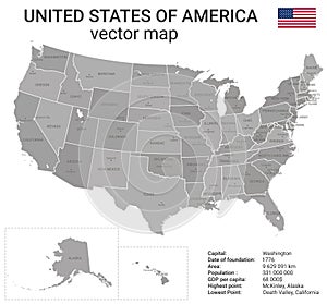 USA map with state borders and capitals. Correct shapes and state boundaries