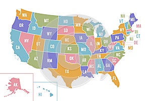 USA map with abbreviated state names. United States of America cartography with colored states. Vector photo