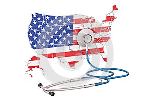 USA map with stethoscope, national health care concept, 3D rendering