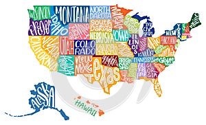 USA MAP. United States of America color map with text state names.
