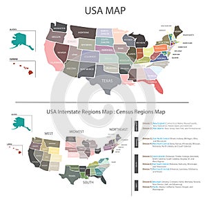 USA MAP vector graphic with Census regions interstates map pastel colours tone photo