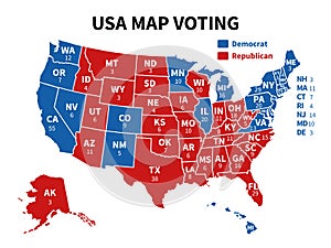 Usa map voting. Presidential election map each state american electoral votes showing republicans or democrats political photo