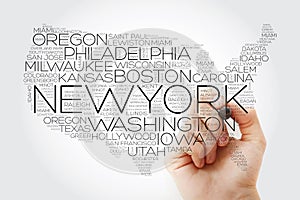 USA Map word cloud collage with most important cities, concept with marker