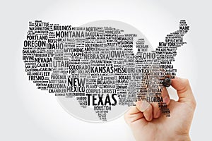 USA Map word cloud with marker, most important cities