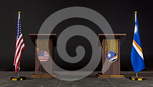 USA and Marshall Islands flag. USA and Marshall Islands negotiations. Rostrum for speeches. 3D work and 3D image