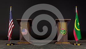 USA and Mauritania flag. USA and Mauritania negotiations. Rostrum for speeches. 3D work and 3D image