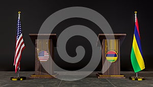 USA and Mauritius flag. USA and Mauritius negotiations. Rostrum for speeches. 3D work and 3D image