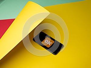 USA - May, 2020 Odnoklassniki Iphone Application Screen on colored paper background