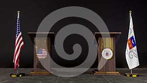 USA and Mayotte flag. USA and Mayotte negotiations. Rostrum for speeches. 3D work and 3D image