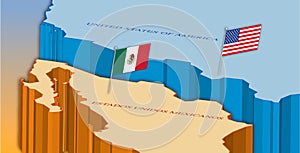 Usa and Mexico border map with national flags