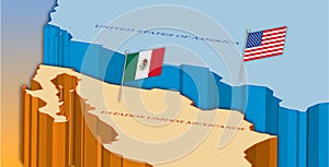 Usa and Mexico border map with national flags photo