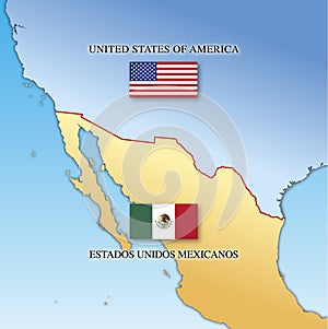 Usa and Mexico border map with national flags photo