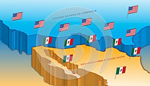 Usa and Mexico border map with national flags photo