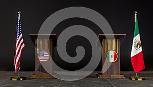 USA and Mexico flag. USA and Mexico negotiations. Rostrum for speeches. 3D work and 3D image