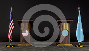 USA and Micronesia flag. USA and Micronesia negotiations. Rostrum for speeches. 3D work and 3D image