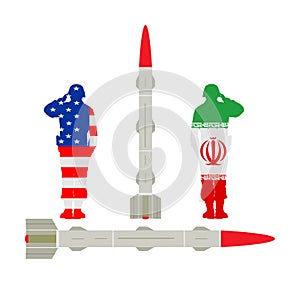 USA Missile Rocket with nuclear bomb against Iran nuclear power. War threat. Powerful army weapon for battle. Doomsday alert.