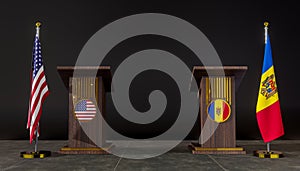 USA and Moldova flag. USA and Moldova negotiations. Rostrum for speeches. 3D work and 3D image