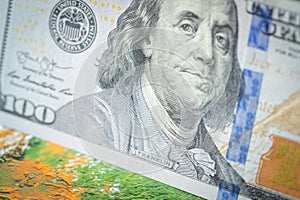 USA money, Financial business banner, American 100 dollars, close up