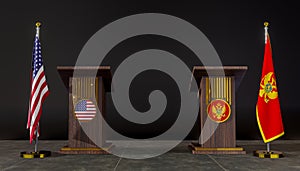 USA and Montenegro flag. USA and Montenegro negotiations. Rostrum for speeches. 3D work and 3D image