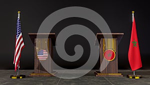 USA and Morocco flag. USA and Morocco negotiations. Rostrum for speeches. 3D work and 3D image