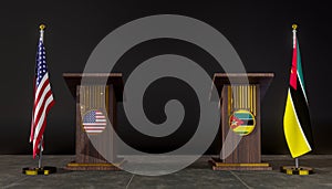 USA and Mozambique flag. USA and Mozambique negotiations. Rostrum for speeches. 3D work and 3D image