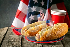 USA national holiday Labor Day, Memorial Day, Flag Day, 4th of July - hot dogs with ketchup and mustard on wood