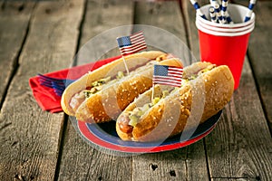 USA national holiday Labor Day, Memorial Day, Flag Day, 4th of July - hot dogs with ketchup and mustard on wood