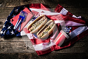 USA national holiday Labor Day, Memorial Day, Flag Day, 4th of July - hot dogs with ketchup and mustard on wood