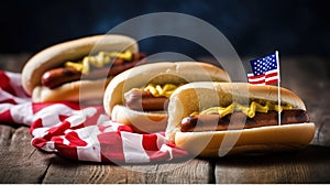 USA national holiday Labor Day, Memorial Day, Flag Day, 4th of July - hot dogs with ketchup and mustard on wood background,