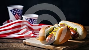 USA national holiday Labor Day, Memorial Day - hot dogs with ketchup and mustard on wood background, Generative AI