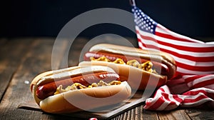 USA national holiday Labor Day, Memorial Day - hot dogs with ketchup and mustard on wood background, Generative AI