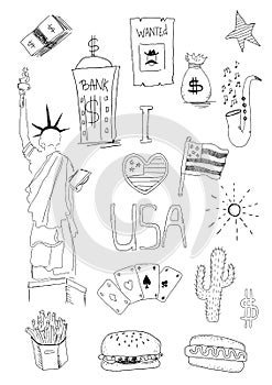 USA New York Vector hand draw doodles set
