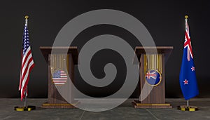 USA and New Zealand flag. USA and New Zealand negotiations. Rostrum for speeches. 3D work and 3D image