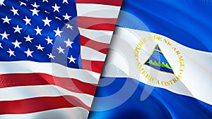 USA and Nicaragua flags. 3D Waving flag design. USA Nicaragua flag, picture, wallpaper. USA vs Nicaragua image,3D rendering. USA