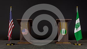 USA and Norfolk Island flag. USA and Norfolk Island negotiations. Rostrum for speeches. 3D work and 3D image