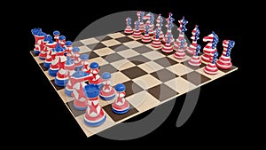 USA and North Korea conflict. Chess on black background. Isolated 3d illustration